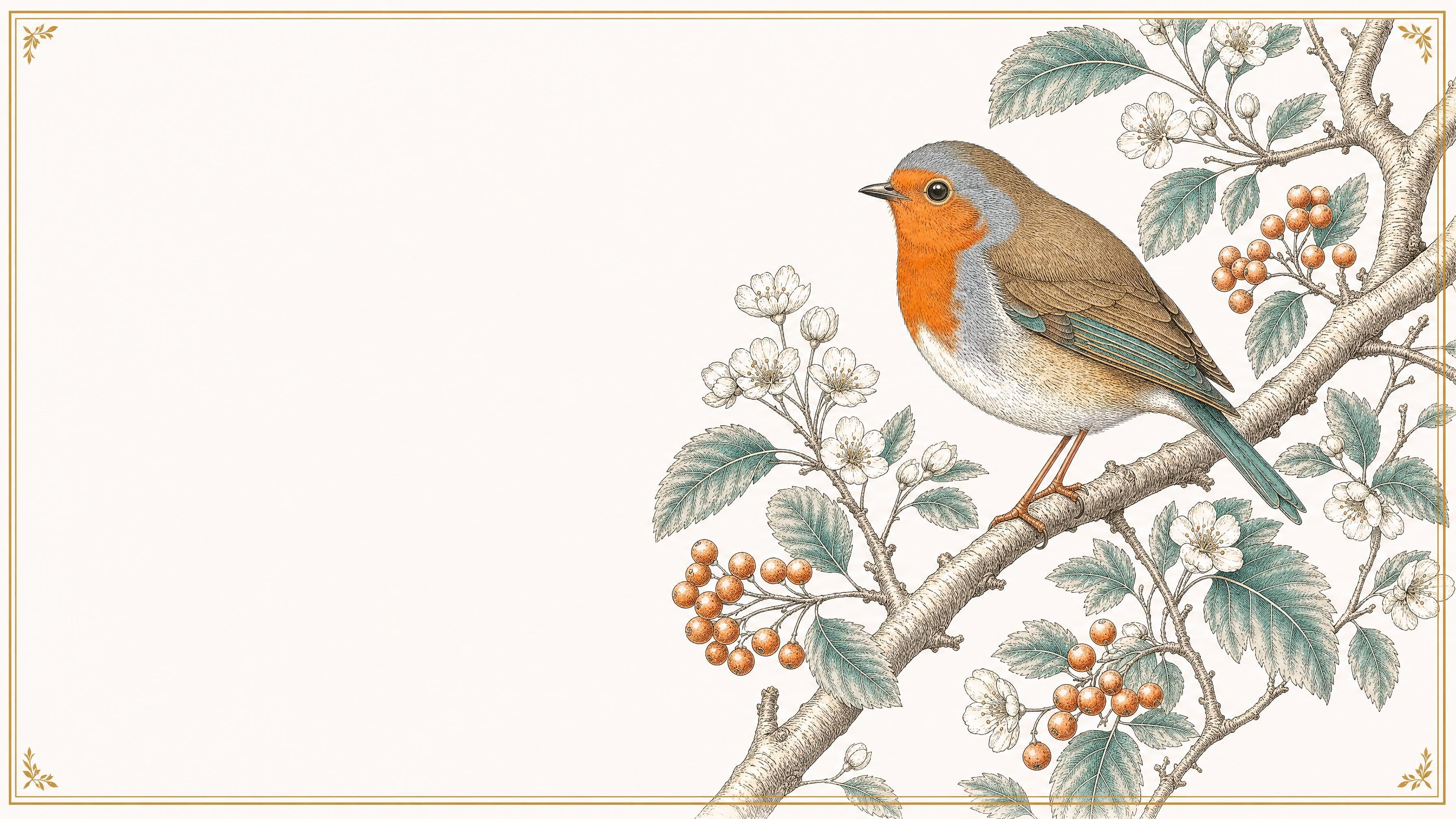 A European robin on a blossoming branch